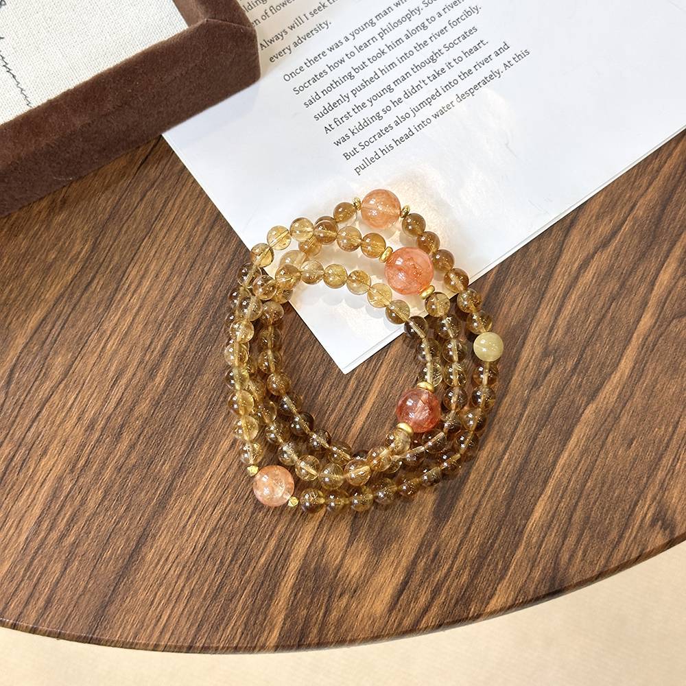 Yellow Rutile Quartz and Red Flower Agate Bracelet - Image 2