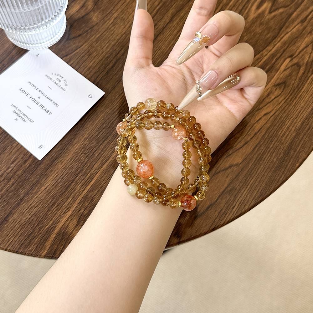 Yellow Rutile Quartz and Red Flower Agate Bracelet - Image 4
