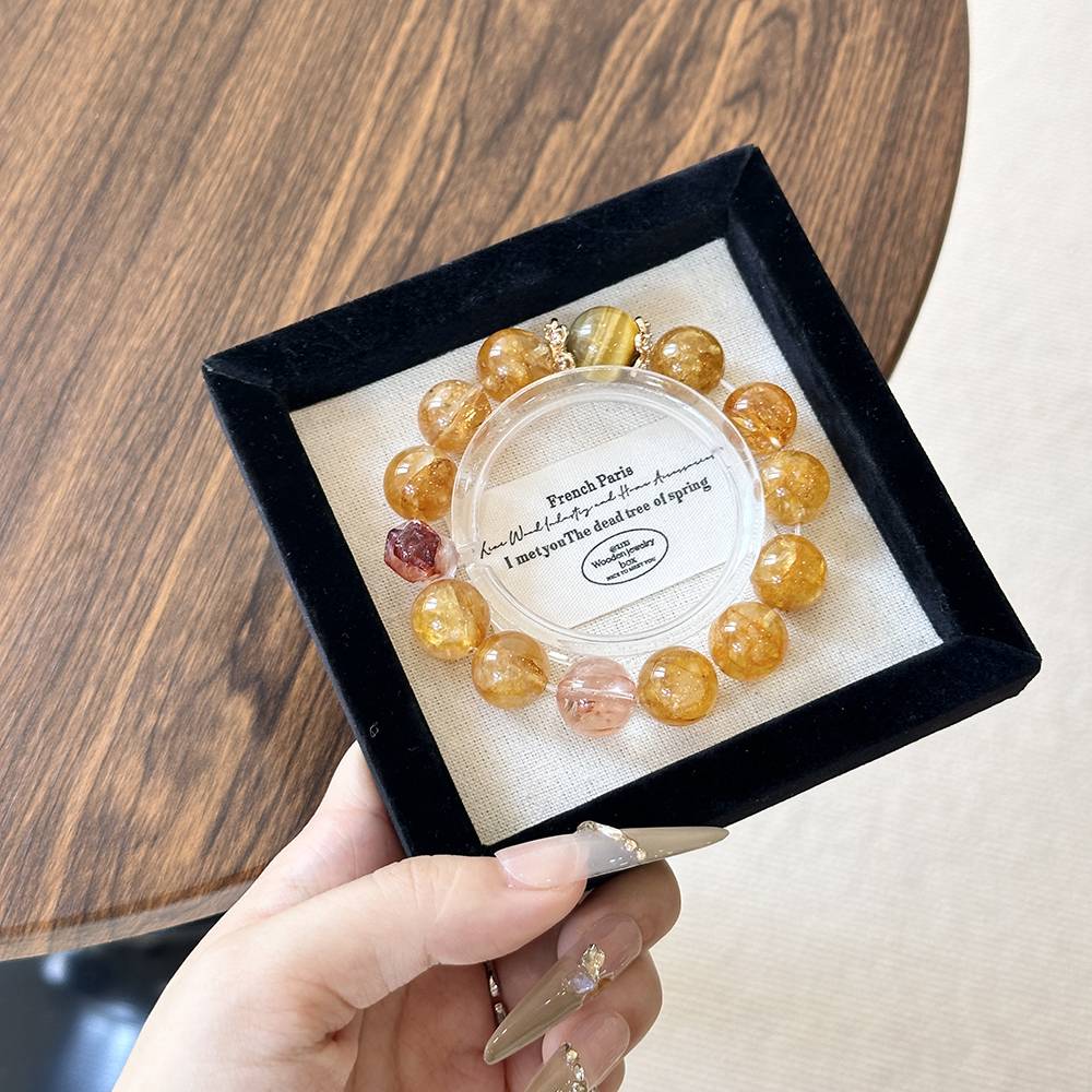 Yellow Rutile Quartz and Red Flower Agate Bracelet