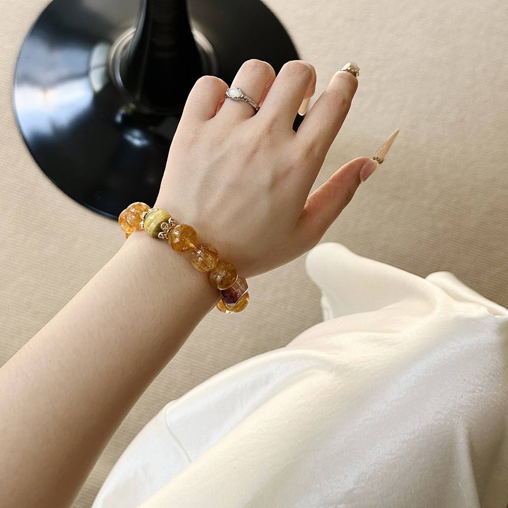 Yellow Rutile Quartz and Red Flower Agate Bracelet - Image 6