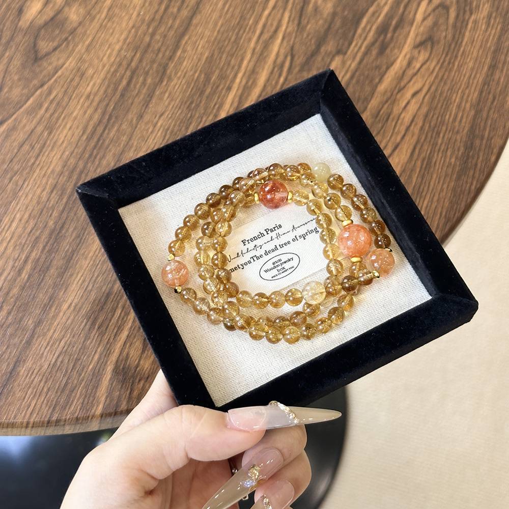 Yellow Rutile Quartz and Red Flower Agate Bracelet