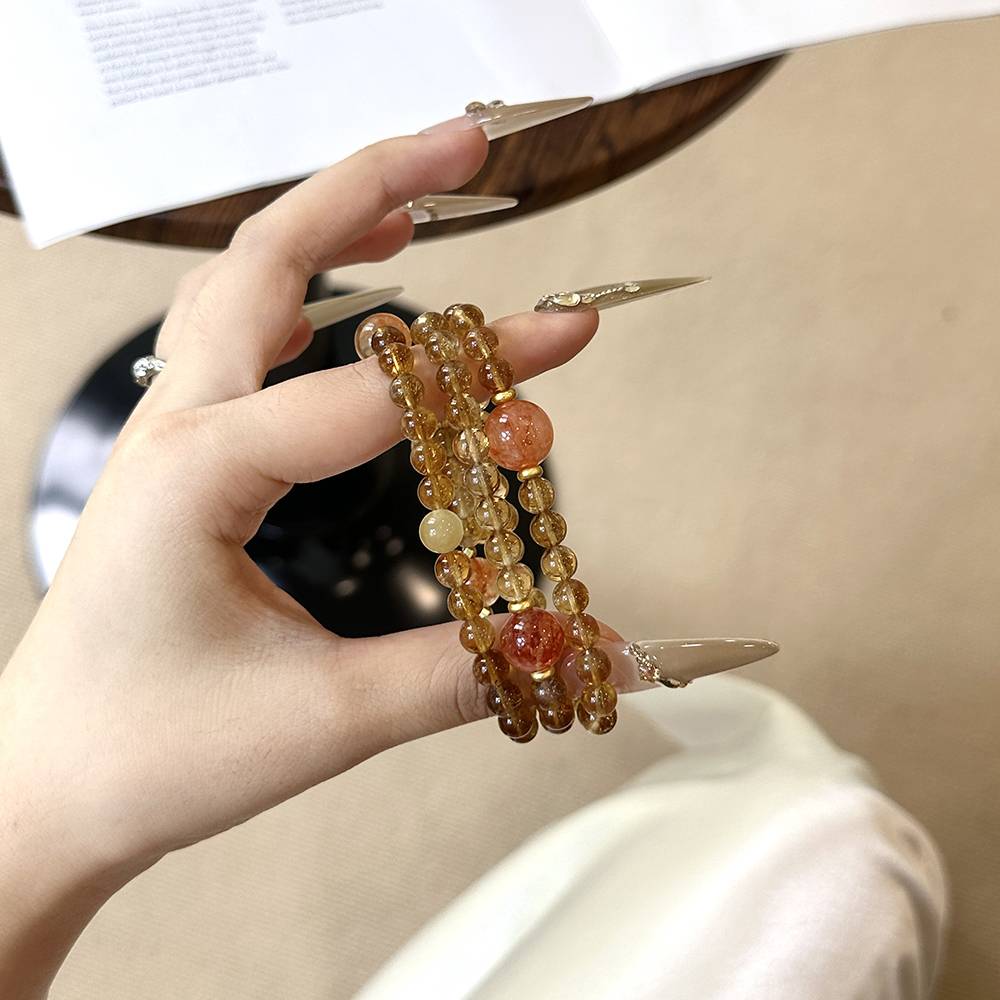 Yellow Rutile Quartz and Red Flower Agate Bracelet - Image 3